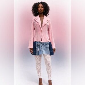 Upcycled tuxedo style blazer/duster with tiered denim patches, by Susie.